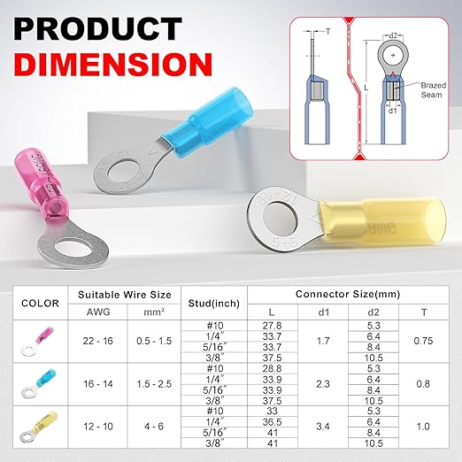 AIRIC 16-14 AWG - 1/4" Heat Shrink Ring Terminals, Copper Terminal Connector Ends, Battery Cable End Lugs, Blue Insulated Electrical Crimp Wiring Connectors, Wire Lug for 16, 14 Gauge Wires, 100 PCS