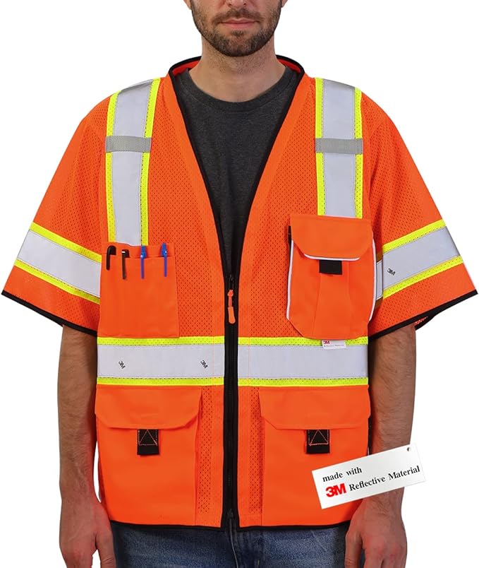 Dib Safety Reflective Mesh Vest ANSI Class 3, High Visibility with Pockets and Zipper, Made with 3M Reflective Tape, Orange XL