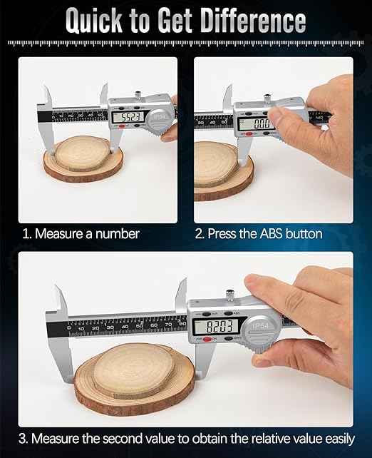 Digital Caliper 8 inch, (ABS) Absolute Scale Caliper, IP54 Caliper Measuring Tool, Inch/MM, Auto-Off LCD Stainless Steel Waterproof Micrometer Vernier Caliper, with Steel Ruler, Silver