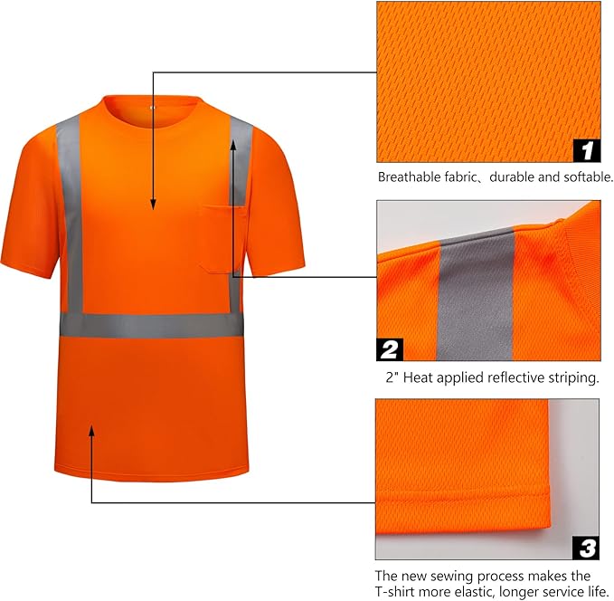 High Visibility Shirts Quick Dry Safety T Shirts with Reflective Strips and Pocket Short Sleeve Mesh Hi Vis Construction Work Class 2 Shirt for Men/Women Orange,Medium