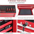Rovibek 7-Drawer Rolling Tool Chest with Wheels, Lockable Metal Tool Box for Garage Workshop Warehouse, Large Capacity Tool Storage Cabinet, Heavy-Duty Tool Chest with Drawers, Red