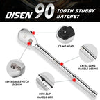 DISEN 1/2" Drive Ratchet,90-Tooth Ratchet Wrench with 14" Handle and Dust Proof Teardrop Enclosed Head, Reversible, CR-V Steel Made, CR-MO Head, Full Polished, Gifts for Men