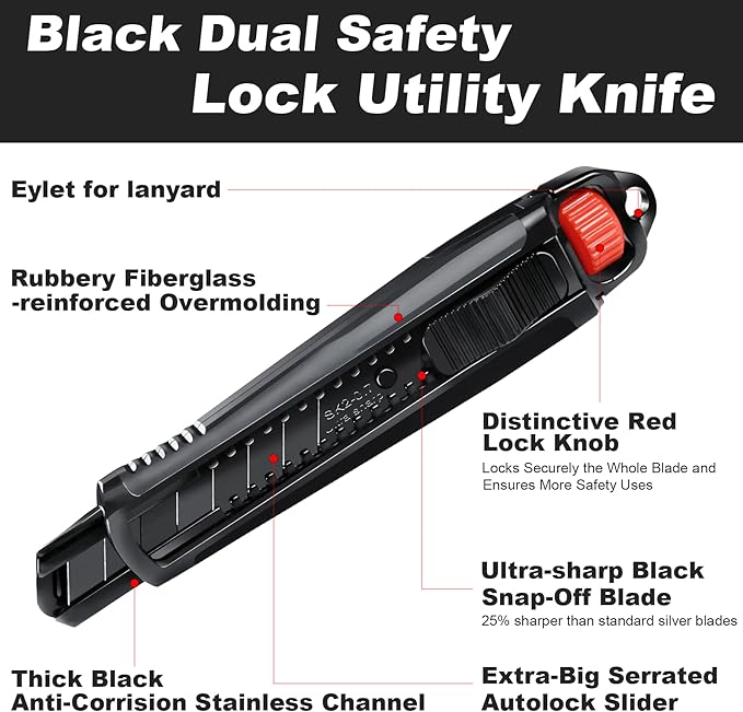HAUTMEC 18mm Heavy Duty Utility Knife, Box Cutter with Double Lock Mechanism, Auto-Lock and Ratchet-Lock, SK2 Sharp Black Blade for Industrial or Construction Applications HT0136-KN