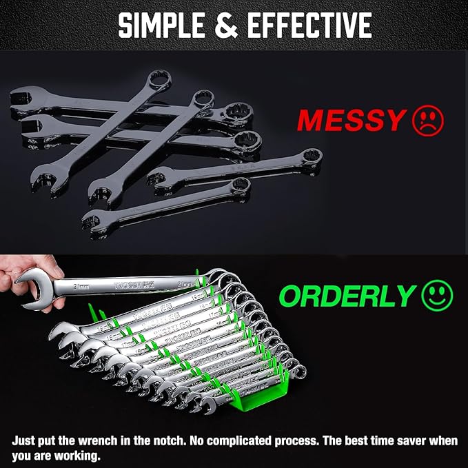 ALOANES 52-Slot Metal Wrench Organizer, Heavy Duty Wrench Organizer Tray for Tool Box, Fit SAE & Metric Wrench Storage, 4 Pack Wrench Holders(Green)