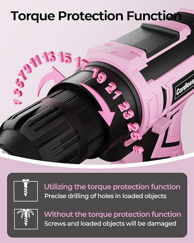 Pink Cordless Drill Set, 20V Electric Power Drill for Women, Lightweight Electric Screwdriver Driver with Power Pack & Charger, 3/8" Keyless Chuck, Womens Tool Kit for House