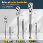 6-Piece Flex Head Ratchet Set, 1/4", 3/8", 1/2" Drive, Swivel Head Ratchet Wrench with Extension Bar, 72 Tooth, 180° Adjustable, Quick-Release, Flexible Ratchet Handle with EVA Foam