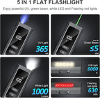 5-in-1 Rechargeable EDC Flat Flashlight, High Lumens Pocket Torch with White LED, Green Beam, UV, Magnetic Base & Clip, Compact Flat Flashlight for Camping, Emergency, Work with Bag (Black)