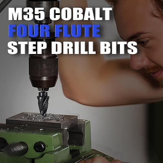Four Spiral Flute Cobalt Step Drill Bit, 1/4"-3/4" M35 Cobalt Step Drill Bit Wear-Resistant AlTiN Coated, 1/4" Hex Shank for Hole Drilling in Stainless Steel, Copper, Aluminum, Wood, Plastic
