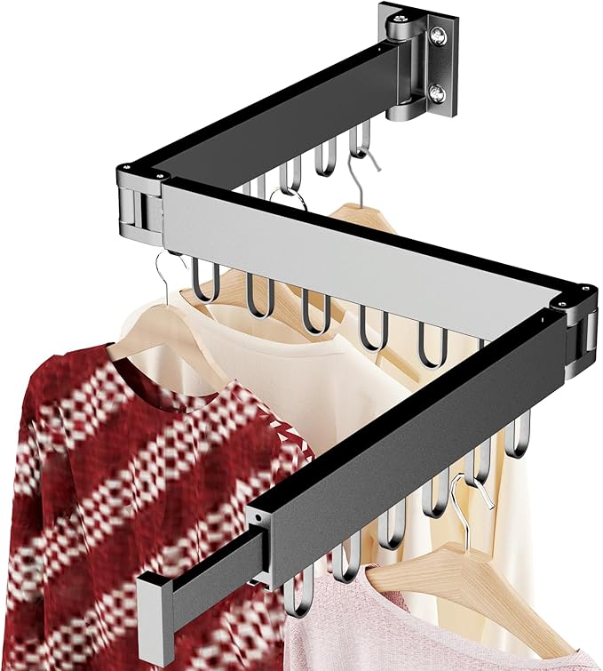 JAUREE Clothes Drying Rack Wall Mounted, Laundry Drying Rack Collapsible, Space Saving Wall Drying Rack Clothing Foldable, Tri-Fold Retractable Rack Outdoor Indoor with 18 Hooks, Black