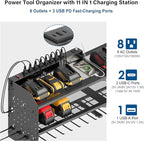 JUNNUJ Large Power Tool Organizer Wall Mount with Charging Station. Garage 8 Drill Holder Tools Battery Storage Shelf, Heavy Duty Utility Storage Rack Built in 8 Outlet 3 USB 10 FT Power Strip