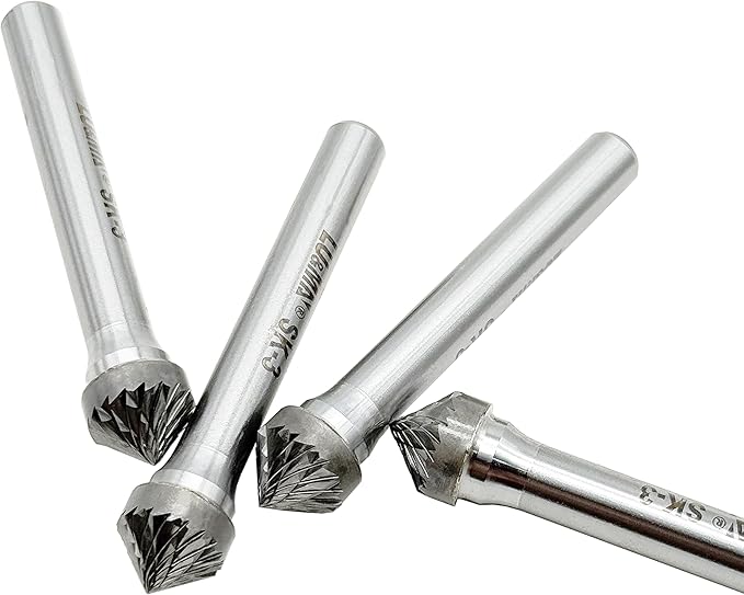 Tungsten Carbide Burr 90° Cone, SK-3, Double Cut, 3/8" x 3/16" Head, 1/4" Shank, Versatile Burr Bit, 4 pcs for Metalworking, Woodworking, Grinding, Shaping & Deburring by LU&MN