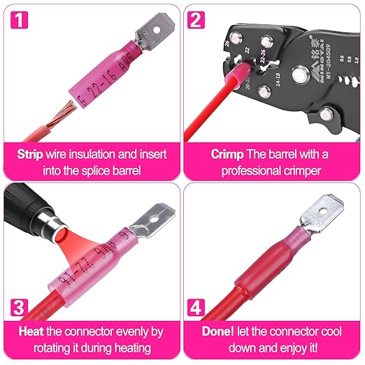 100 PCS 22-16 AWG Waterproof Heat Shrink Quick Disconnect Connectors, Crimp Electrical Wire Male Spade Connectors Insulated Disconnect for Marine Automotive Motorcycle Home Wiring (Red)