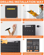 INCLY 4 Pack 12"x12" Black Metal Pegboard Panels, Heavy Duty Pegboard Wall Organizer with Frame, Black Peg Board for Walls, Garage, Workbench, Shed, Kitchen, Craft Room Tool Organization