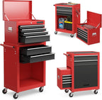 S AFSTAR 6-Drawer Rolling Tool Chest, High Capacity Tool Storage Cabinet with 4 Hooks, Locking System and Universal Wheels, 2-in-1 Detachable Large Toolbox for Garage Workshop (Black & Red)