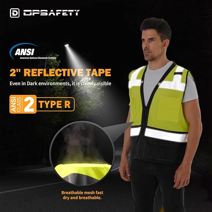 Reflective Safety vest With back plan pocket,High visibility Class 2 Heavy Duty Surveyor Vest with Zipper,Hi Vis Construction Work Vest for Men＆Women ANSI/ISEA(Yellow-Bottom,2XL)