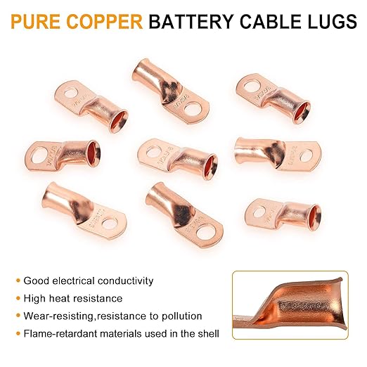 SVAAR 4 6 8 AWG Battery Lug Heavy Duty Battery Cable Ends, 4 6 8 Gauge UL Listed Cable Lug with 5/16" and 3/8" Ring Terminal,Bare Copper Crimp Connectors Wire Lug + Heat Shrink Tube