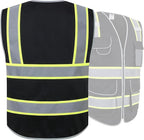 JKSafety 9 Pockets Hi-Vis Black Color Zipper Front Safety Vest Fluorescent Yellow Strips outlining the Reflective Tapes ANSI/ISEA Class 1 (901-Black, X-Large)
