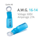 Wirefy 130 PCS Heat Shrink Ring Terminals #8 - a Resistant Ring Connectors - Eyelet Wire Connectors - Blue 16-14 AWG