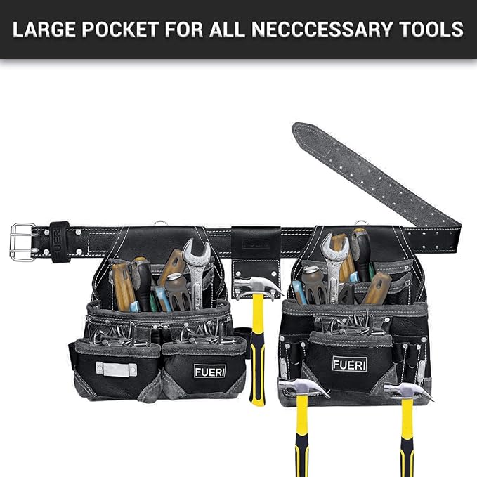 FUERI Leather Tool Belt Bag Men Pouch Heavy Duty Tools Pouches Organizer for Carpenter Construction Electrician Belts Bags Holder (16 Pocket Black, Adjustable)