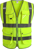 JKSafety 9 Pockets Class 2 High Visibility Zipper Front Safety Vest With Reflective Strips,Meets ANSI/ISEA Standard (Small, 150-Yellow)