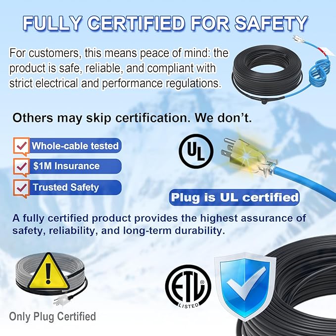 120V 12FT Self-Regulating Pre-assembled Water Pipe Heat Cable for Pipe Freeze Protection, Energy-Saving Pipe Heating Cable Keeps Water Flowing at -40°F