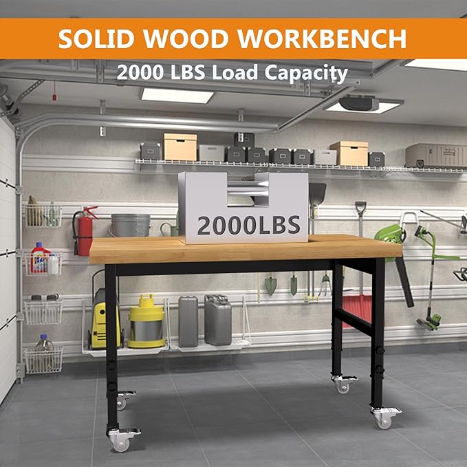 48" Work Bench, Heavy-Duty Solid Wood Workbench, Adjustable Height Work Table, 2000 LBS Capacity Workstation for Garage, Workshop, Home, Office (48" X 24")