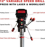 BUCKTOOL 12'' 6 Pole Motor Variable Speed Benchtop Drill Press 360–2000RPM, 3/4HP Powerful Bench Drill Press with Laser and Worklight, Low Speed Tabletop Drilling Machine for Metalworking, Woodworking