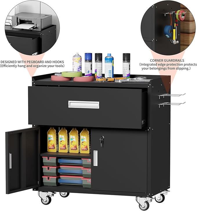 Metal Garage Storage Cabinet with Wheels ，Rolling Toolbox with Lockable Drawer, Utility Cabinet for Home, Office, Garage and Workshop (Black)