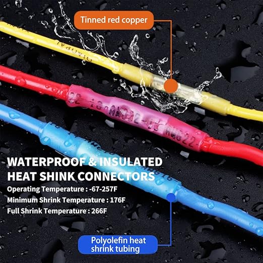 Heat Shrink Butt Wire Connectors, 200 Pcs Red 22-16 AWG Insulated Waterproof Electrical Wire Connectors Automotive Marine Wire Crimp Terminals Butt Splices for Boat, Car
