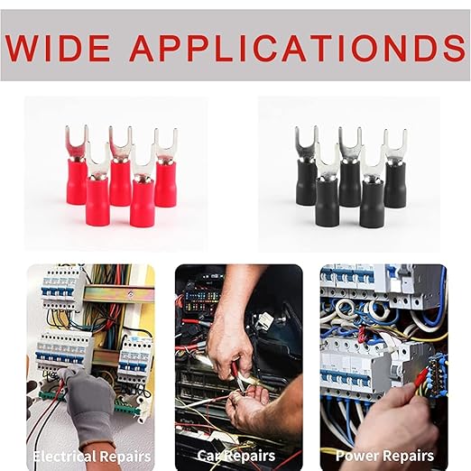 200PCS Pre-Insulated Fork Crimp Terminal,AWG16-14 Fork Electrical Wire Connectors,Stud Size #10 Brass U-Type Cold Pressed Terminal