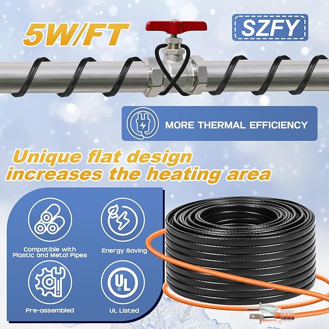 3FT~200FT Heat Tape for Water Pipes, -40°F Deicing Cable,Pipe Heat Cables for Roof,Gutter，Farm，Freeze Protetion Heating Wires, Heated Water Hose,Plumbing Fixtures,120V 5W/FT (140FT)