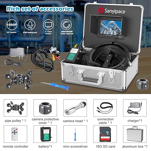 Sanyipace Sewer Camera 100FT/30M, 1080P FHD, Zoom in, Remote Control, Sapphire Lens, Battery Level Display, 12 Adjustable White LEDs, 7'' LCD Screen, Plumbing Pipe Drain Camera, 16GB TF Card