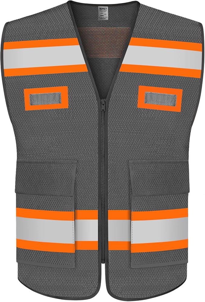 TCCFCCT Mesh High Visibility Safety Work Vest with Pockets and Reflective Stripes, Hi Vis Construction Vest with Fluorescent Orange Extend Edge, Meets ANSI/ISEA Standards, Grey, XL