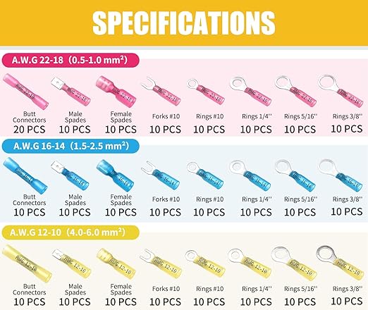 250PCS Heat Shrink Wire Connectors, 22-10 AWG Marine Grade Heat Shrink Butt Connectors, Waterproof Electrical Wire Terminals Kit Insulated Ring Fork Spade Butt Splices for Automotive Boat Truck