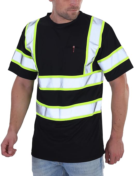 sesafety High Visibility Shirts for Mens Class 3 Hi Vis Reflective Construction Shirts for Men with Pocket Safety T Shirts for Men Work Shirt for Mens Short Sleeve Black Yellow Strips 5XL