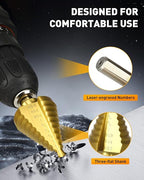 COMOWARE Step Drill Bit for Metal, Titanium Coated, Double Cutting Blades, High Speed Steel, Short Length Drill Bit, Total 10 Sizes from 1/4” to 1-3/8", for Steel Sheets Aluminum Copper Plastic Wood