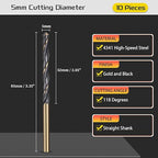 Drill Bit, 5mm Cutting Diameter, 4341 HSS Gold and Black 118° Cutting Angle Number Jobber Bits - (Applications: for Drilling Soft Metal Plastic Wood), 10-Pieces