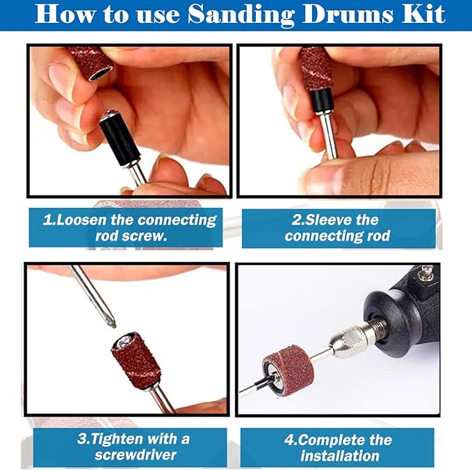 552 Pcs Sanding Drum Set, 504 Pcs 80 120 150 240 320 400 600 Grit Drum Sander Sleeves and 24 Pcs Drum Mandrels,2 Pcs Self-Tightening Drill Chuck and Combination Wrench for Rotary Tool