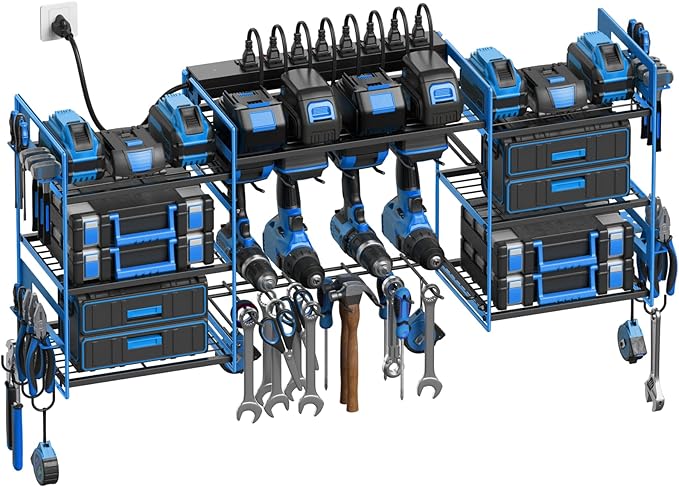 CCCEI Blue Power Tool Organizer Wall Mount, Large Tools and Battery Storage Rack Charging Station Individual Switches. Drills Holder, Garage Utility Shelves with 6FT Power Strip. Gift for Men.