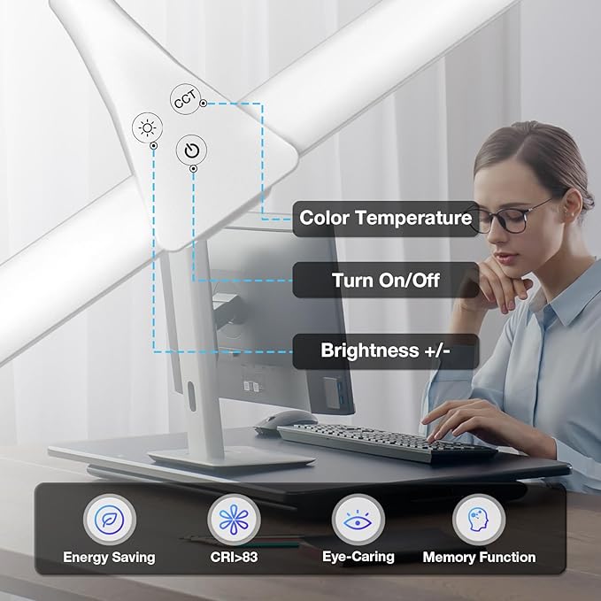 LED Desk Lamp, Double Head Desk Lamps for Home Office, Dimmable 25 Lighting Modes Bright Desk Lighting,12W 1400lm Eye-Caring Architect Table Lamp for Workbench Monitor Reading Study, White