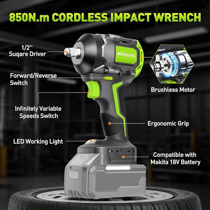 Cordless Impact Wrench, 630Ft-lbs (850N.m) Brushless 1/2 Inch, 2400RPM High Torque Impact Gun with 4 Sockets, Electric Impact Wrench for Car Repairing (Tool Only)
