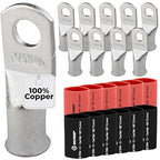 SELTERM 10pcs - 1 Awg - 5/16" Stud - Battery Lugs - Ring Terminal Connectors | with 12pcs 3:1 Black & Red Heat Shrink Tubing with Adhesive | Heavy Duty Battery Cable Ends - Tinned Copper Wire Lugs Kit