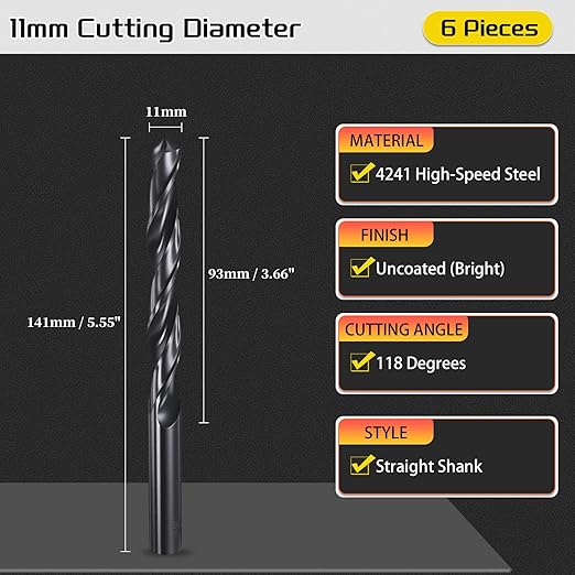 Drill Bit, 11mm Cutting Diameter, 4241 HSS Nitriding Black 118° Cutting Angle Versatile Jobber Bits - (Applications: for Drilling Plastic Wood Soft Metal), 6-Pieces