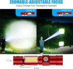 Hoxida Flashlight USB Rechargeable, Magnetic LED Flashlight, Super Bright LED Tactical Flashlight with Cob Sidelight, Waterproof, Zoomable Best Small LED Flashlight for Camping, Emergency -Red