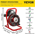 VEVOR 50FT x 1/2 Inch Drain Cleaning Machine, 250W Electric Drain Auger, Portable Sewer Snake Auger Cleaner with Cutters & Air-Activated Foot Switch for 1" to 4" Pipes, Black, Red