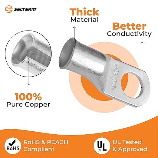 SELTERM 2pcs 2/0 AWG 1/2" Stud Tinned Copper Wire Lugs, Battery Lugs, Ring Terminals, Battery Cable Ends, 00 Gauge Ring Terminal Connectors, UL Marine Grade Electrical Battery Terminal Connectors