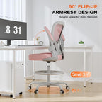 Ergonomic Drafting Chair, Tall Office Chair with Flip-up Armrests, Breathable Mesh High Desk Chair with Lumbar Support Adjustable Footrest Ring for Standing Desk Pink