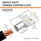 SELTERM 25pcs 3/0 AWG 1/4" Stud Marine Grade Tinned Copper Battery Cable Lugs, 000 Gauge Ring Terminals, UL Wire Lugs Electrical Battery Cable Ends, Tinned Copper Lugs Battery Terminal Connectors