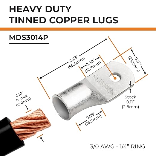 SELTERM 2pcs 3/0 AWG 1/4" Stud Tinned Copper Wire Lugs, Battery Lugs, Ring Terminals, Battery Cable Ends, 000 Gauge Ring Terminal Connectors, UL Marine Grade Electrical Battery Terminal Connectors