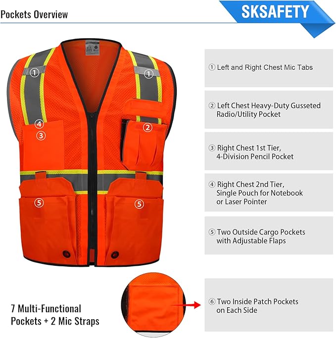 SKSAFETY 10 Pockets Professional level Safety Vest, Class 2 High Visibility Security Vest with Zipper, Hi Vis Vest with Reflective Strips, ANSI/ISEA Standard, Construction Work Vest（Orange, 4XL）